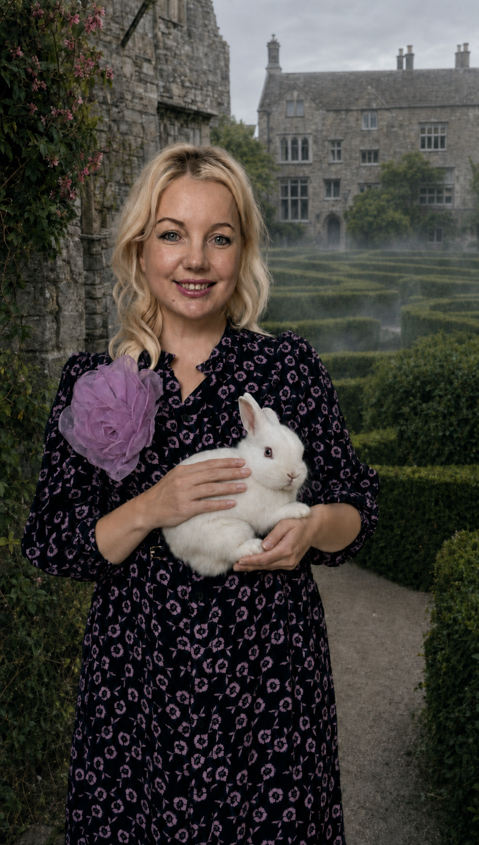 Artist Marina Stognieva with a white rabbit beside the Labyrinth